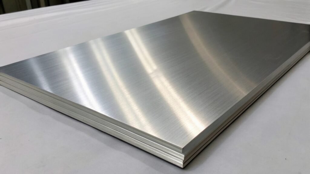 A piece of 5052 aluminum sheet being cleanly bent to a sharp 90-degree angle in a press brake.